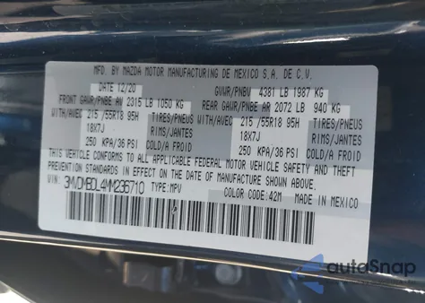 2021 Mazda Cx-30 Premium из США, поврежденный, VIN 3MVDMBDL4MM236710